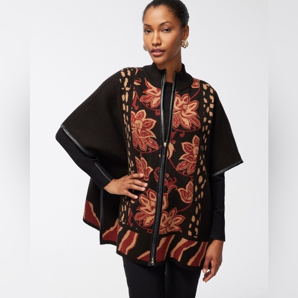 Chicos Brown Zip Front Sweater Ruana Size S/M Cape Poncho Floral Cardigan - Picture 1 of 14